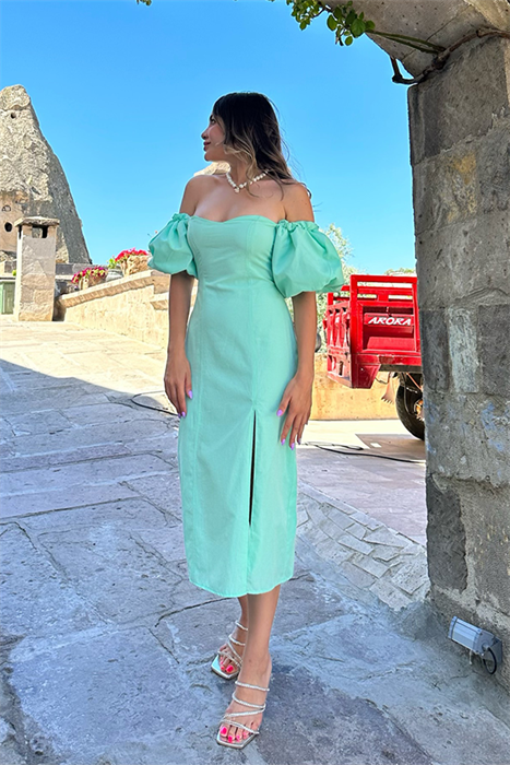 Lovely sırt dekolteli midi elbise - Su yeşili