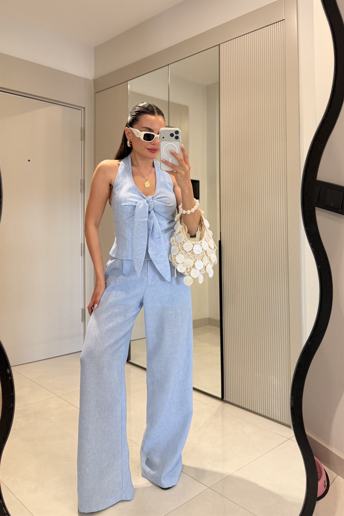 Loveme Mavi Astarlı Keten Pantolon