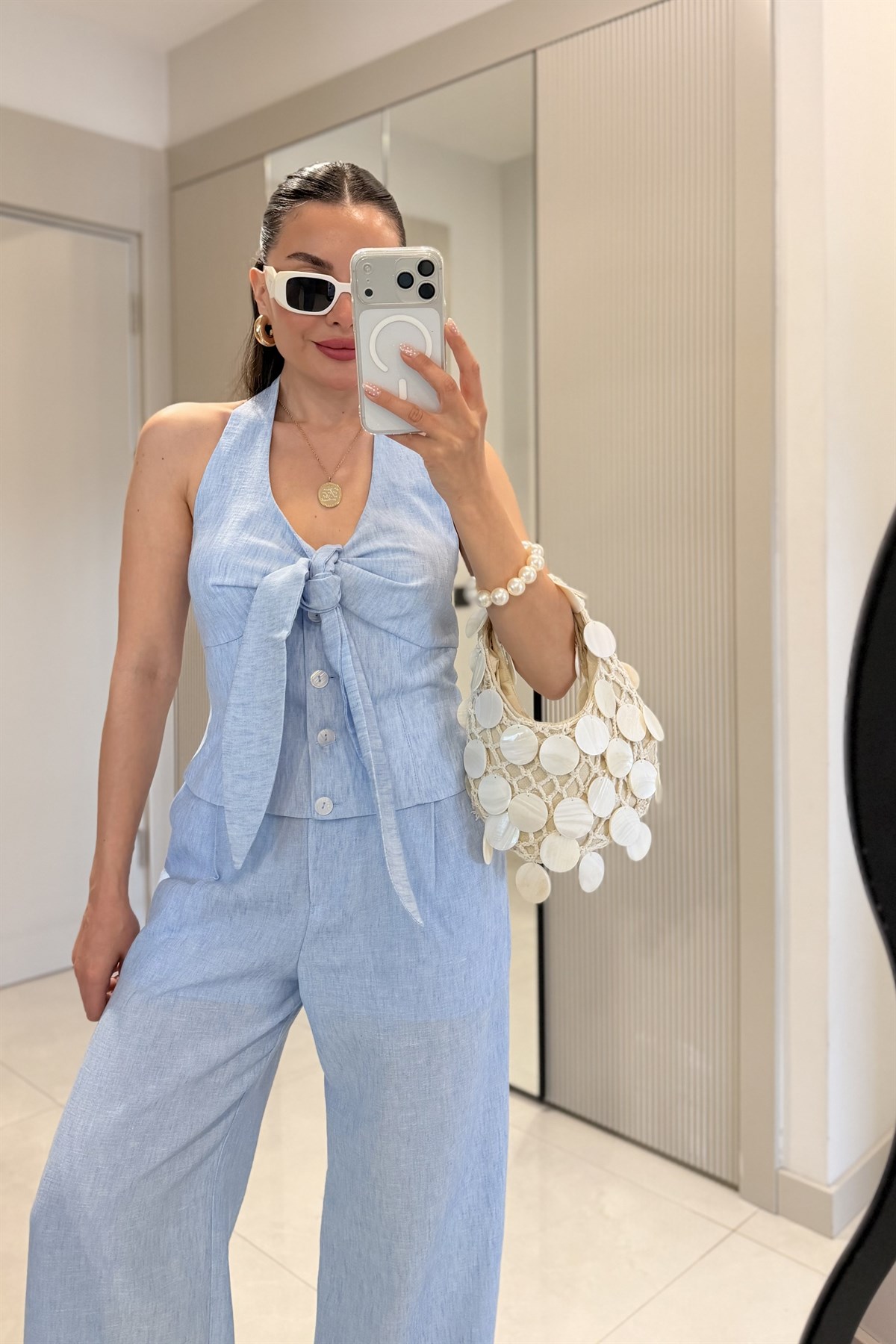Loveme Mavi Astarlı Keten Pantolon