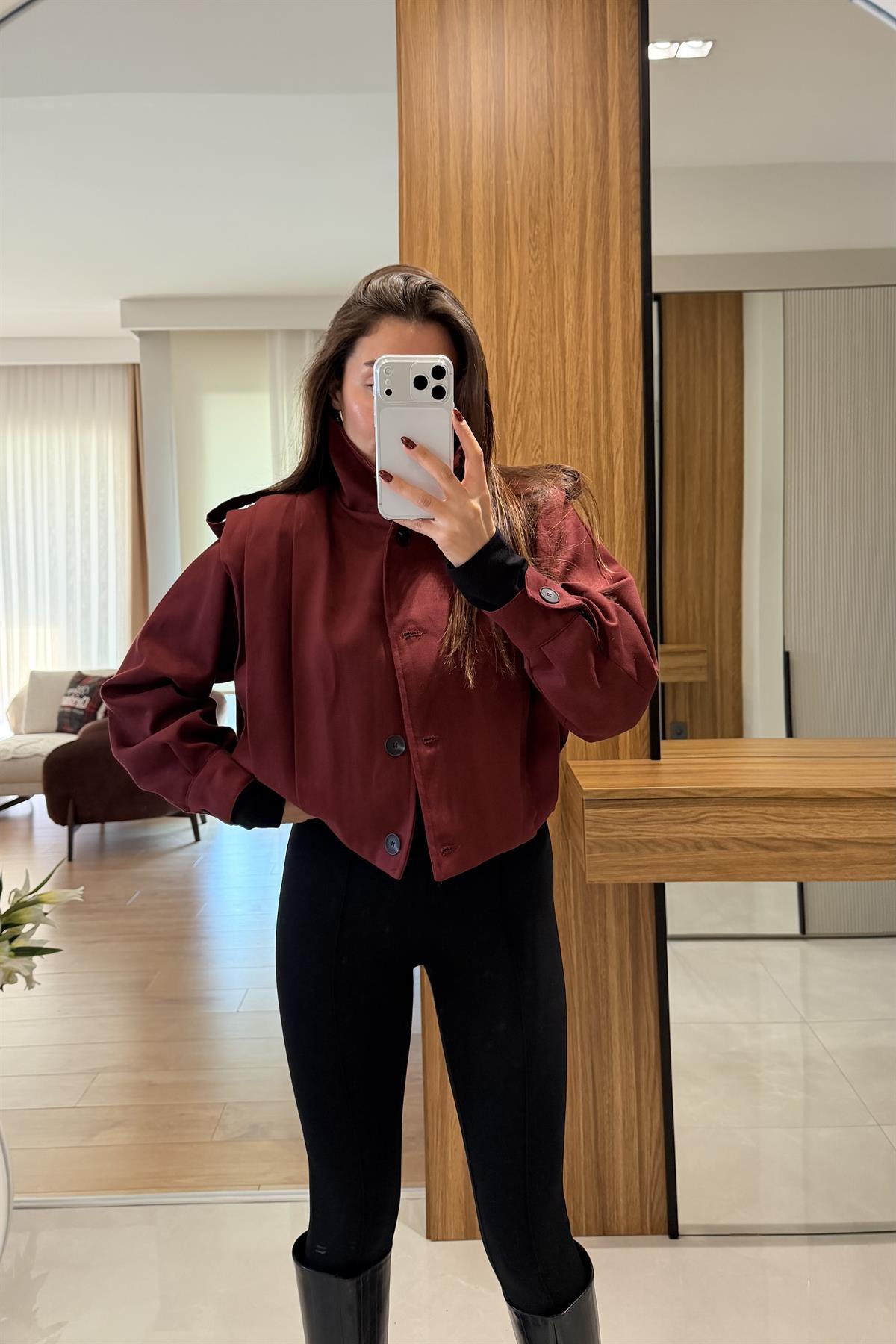 Lovin Bordo Gabardin Kısa Ceket