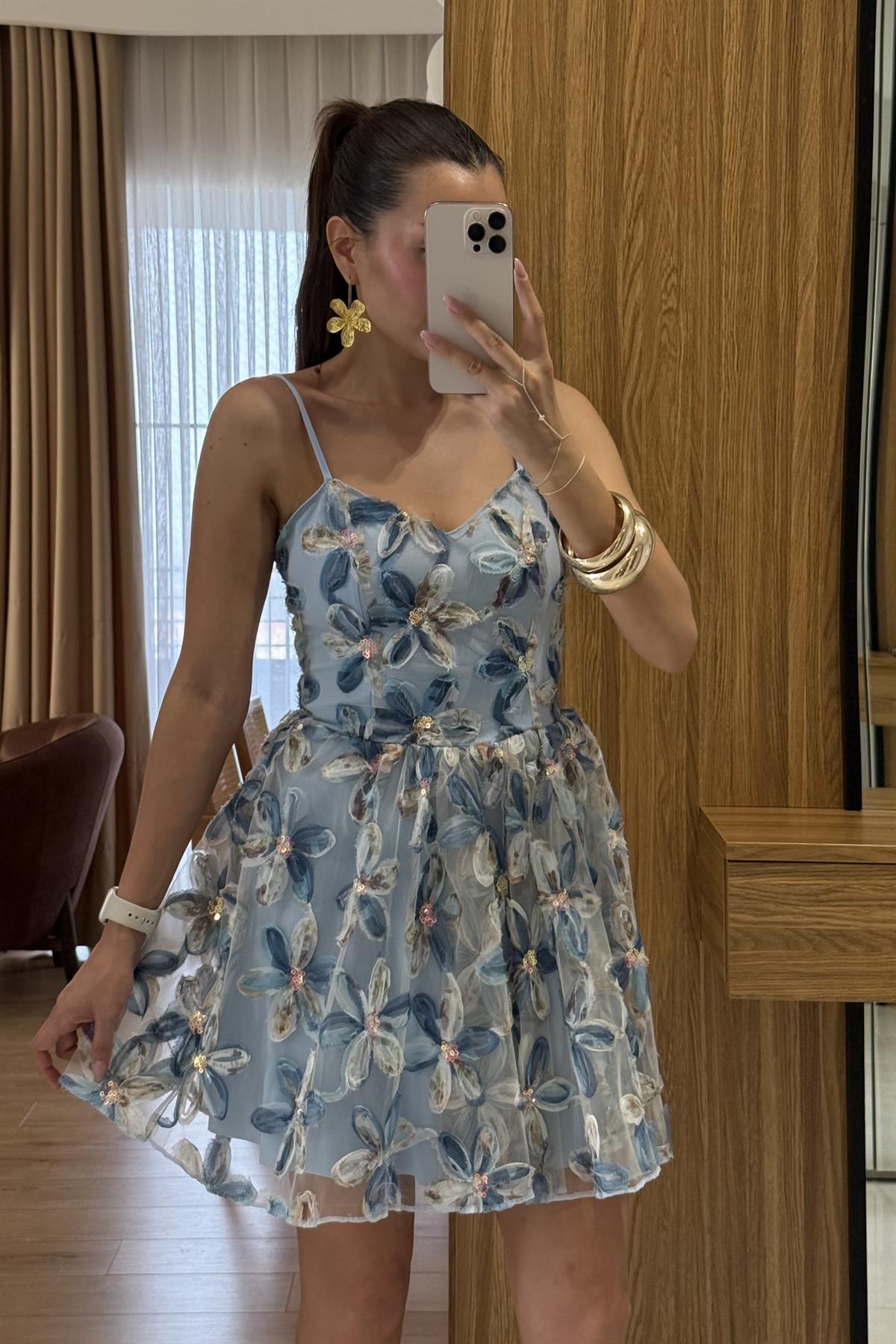 Lowa Mavi 3 boyutlu Çiçekli Mini Elbise