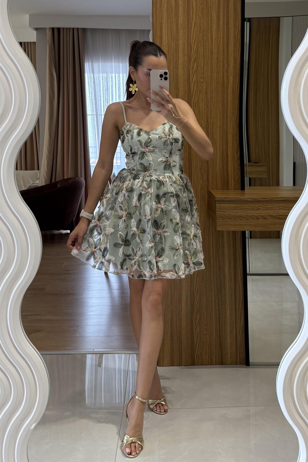 Lowa Yeşil 3 boyutlu Çiçekli Mini Elbise