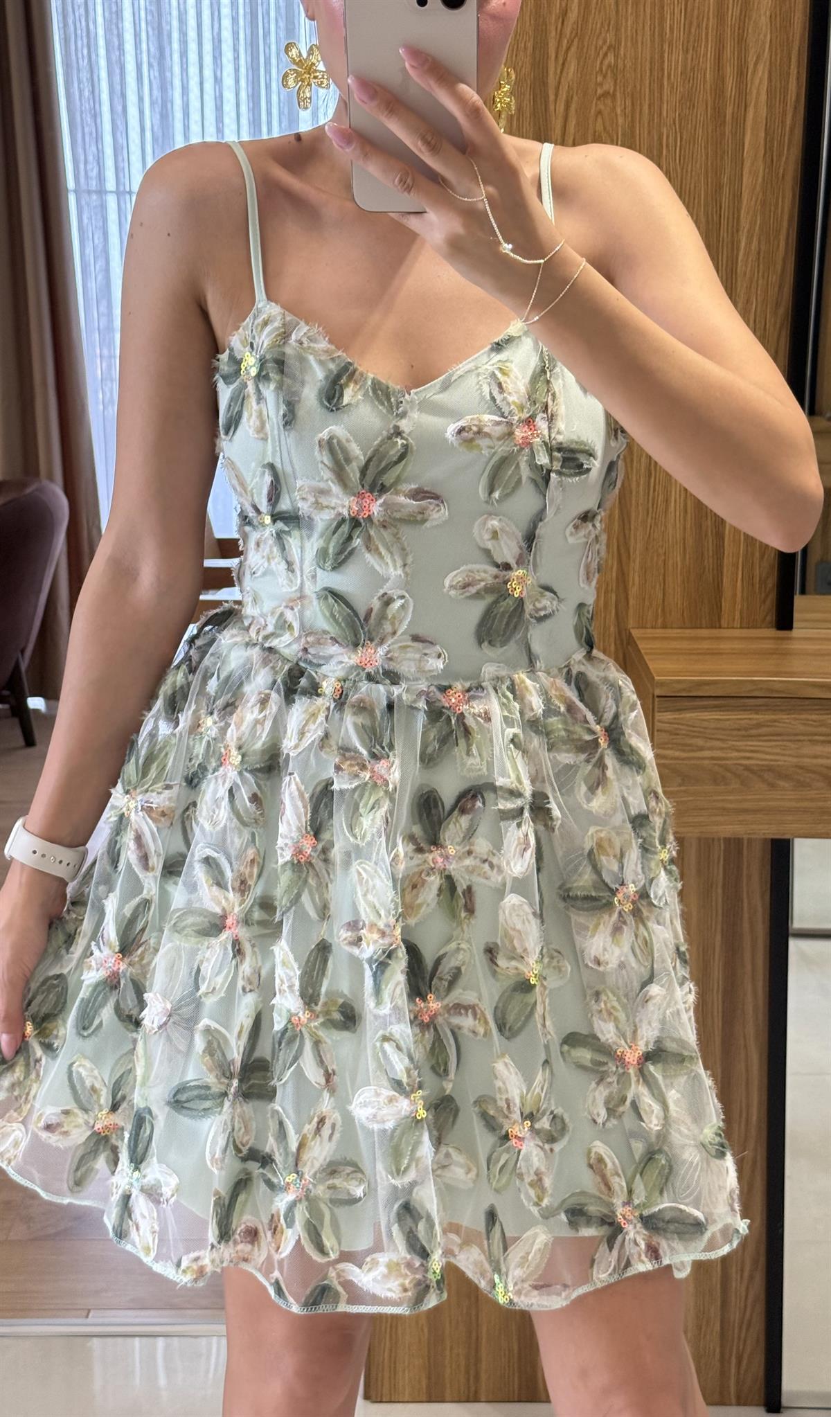 Lowa Yeşil 3 boyutlu Çiçekli Mini Elbise