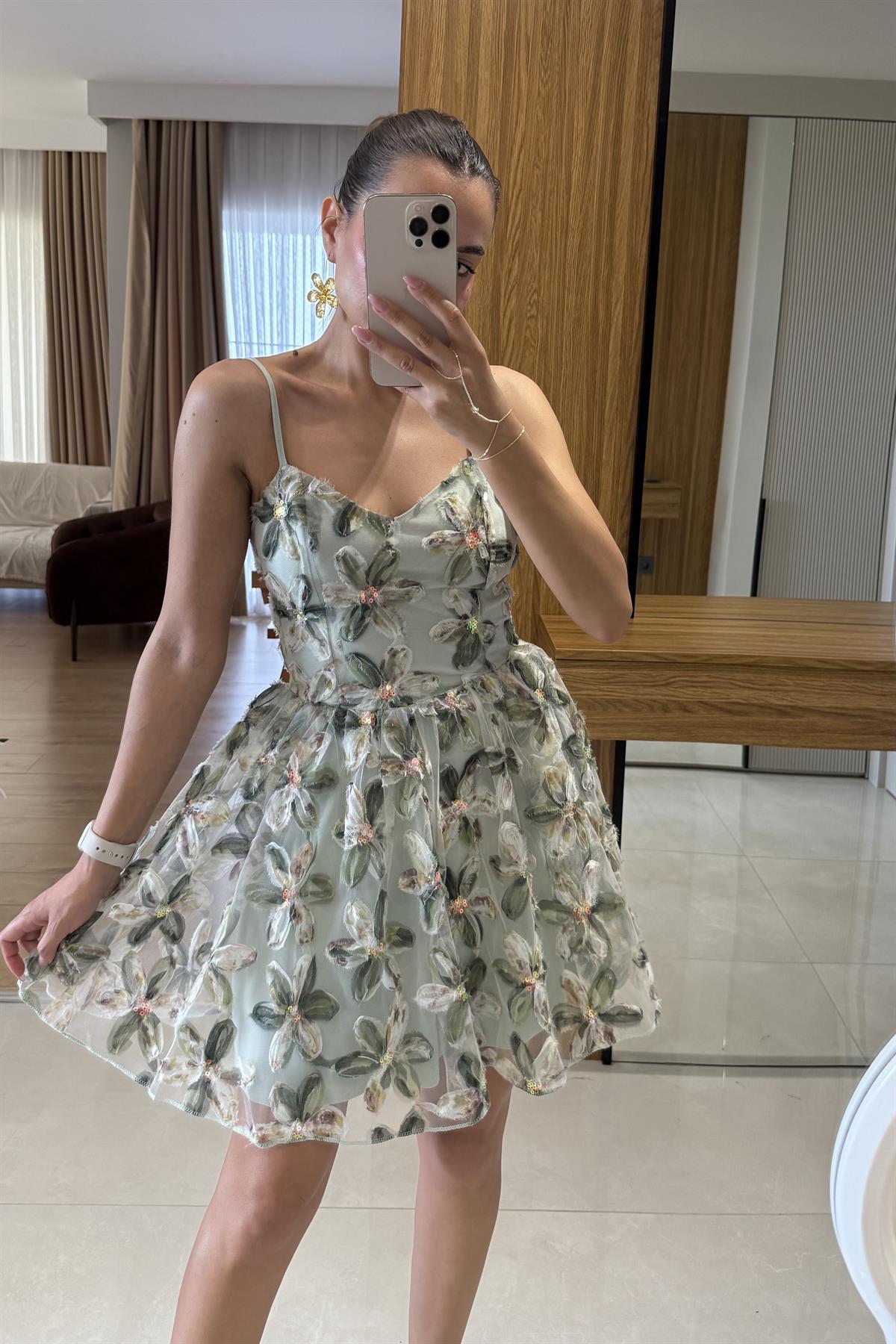 Lowa Yeşil 3 boyutlu Çiçekli Mini Elbise