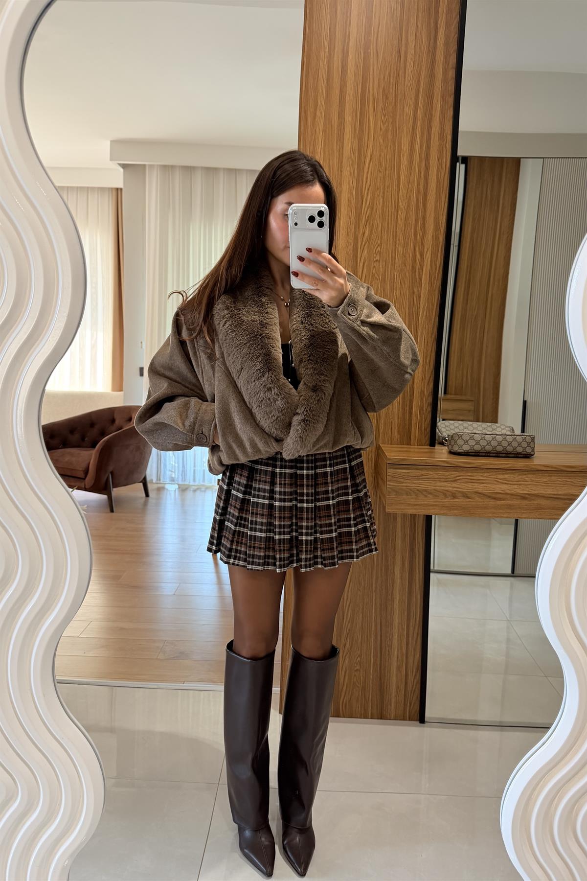 Lucas Acı Kahve Ekose Pileli Etek