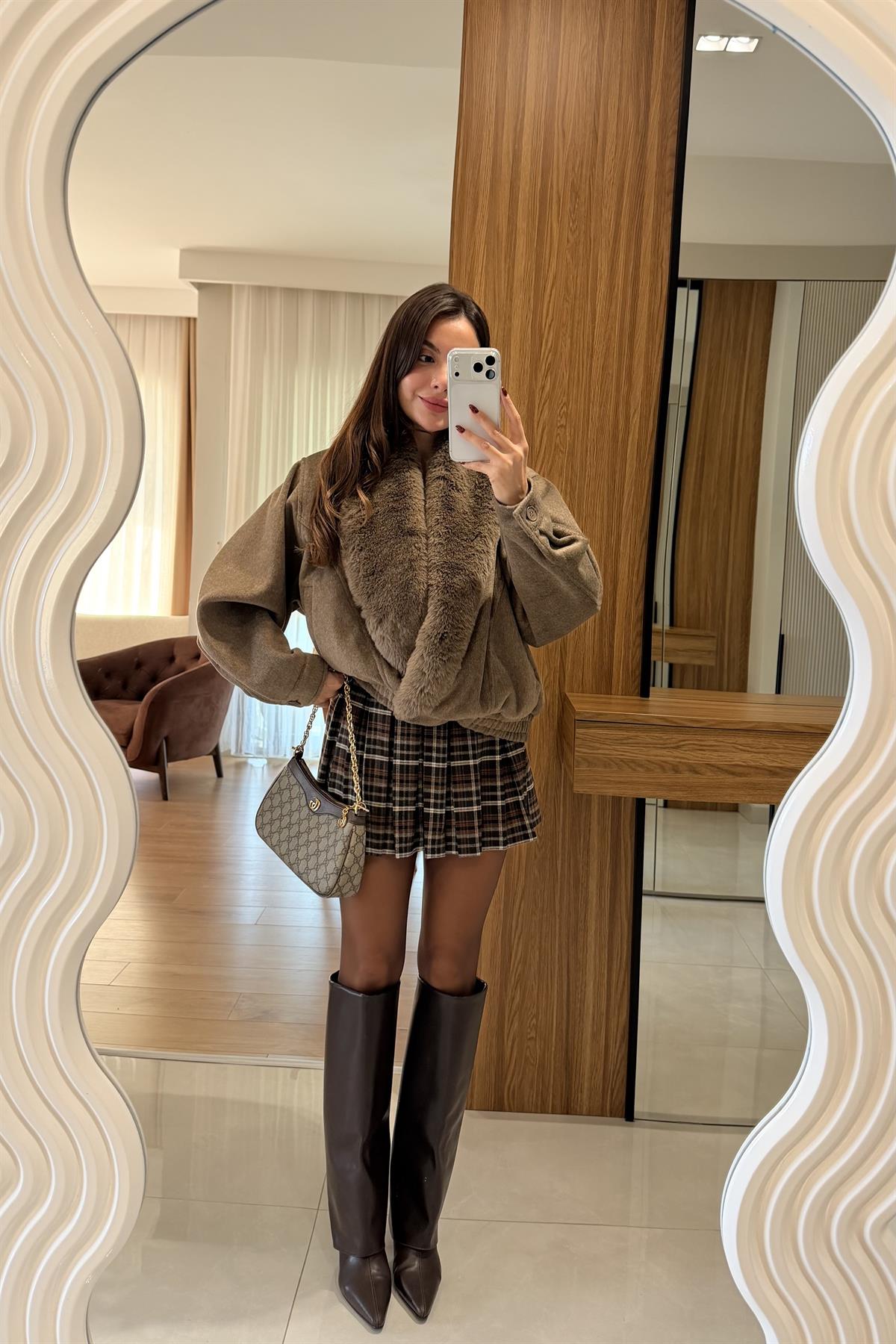 Lucas Acı Kahve Ekose Pileli Etek