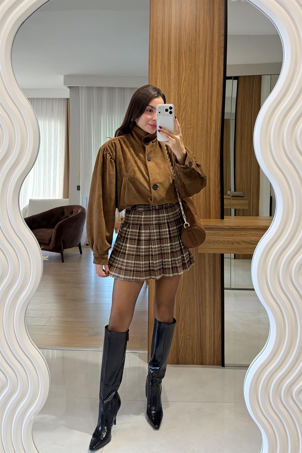 Lucas Camel Ekose Pileli Etek