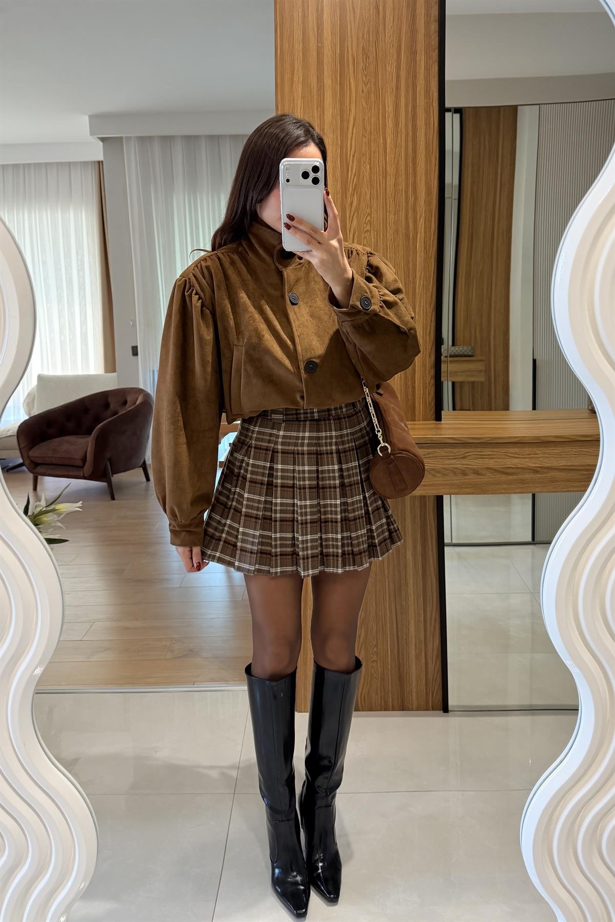 Lucas Camel Ekose Pileli Etek