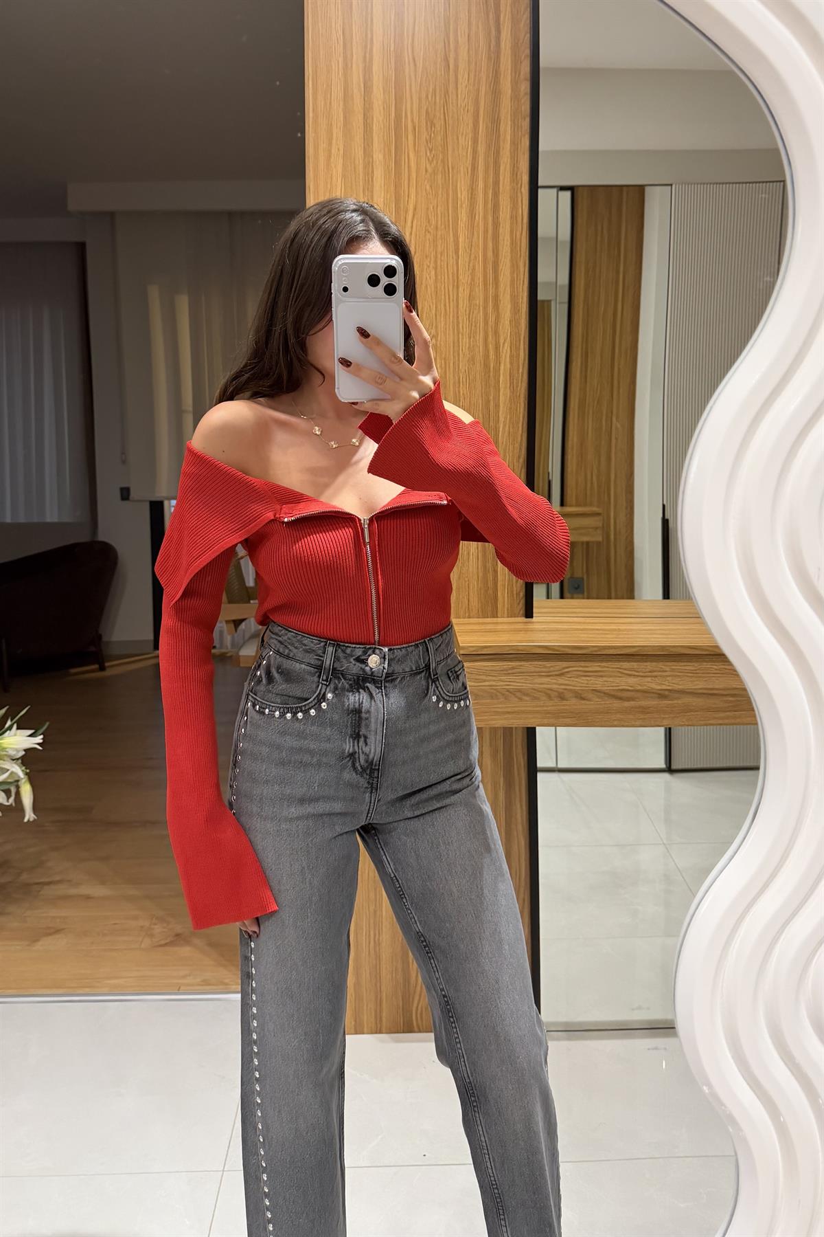 Lucetta Kırmızı Dilvin Fermuarlı Kayık Yaka Triko