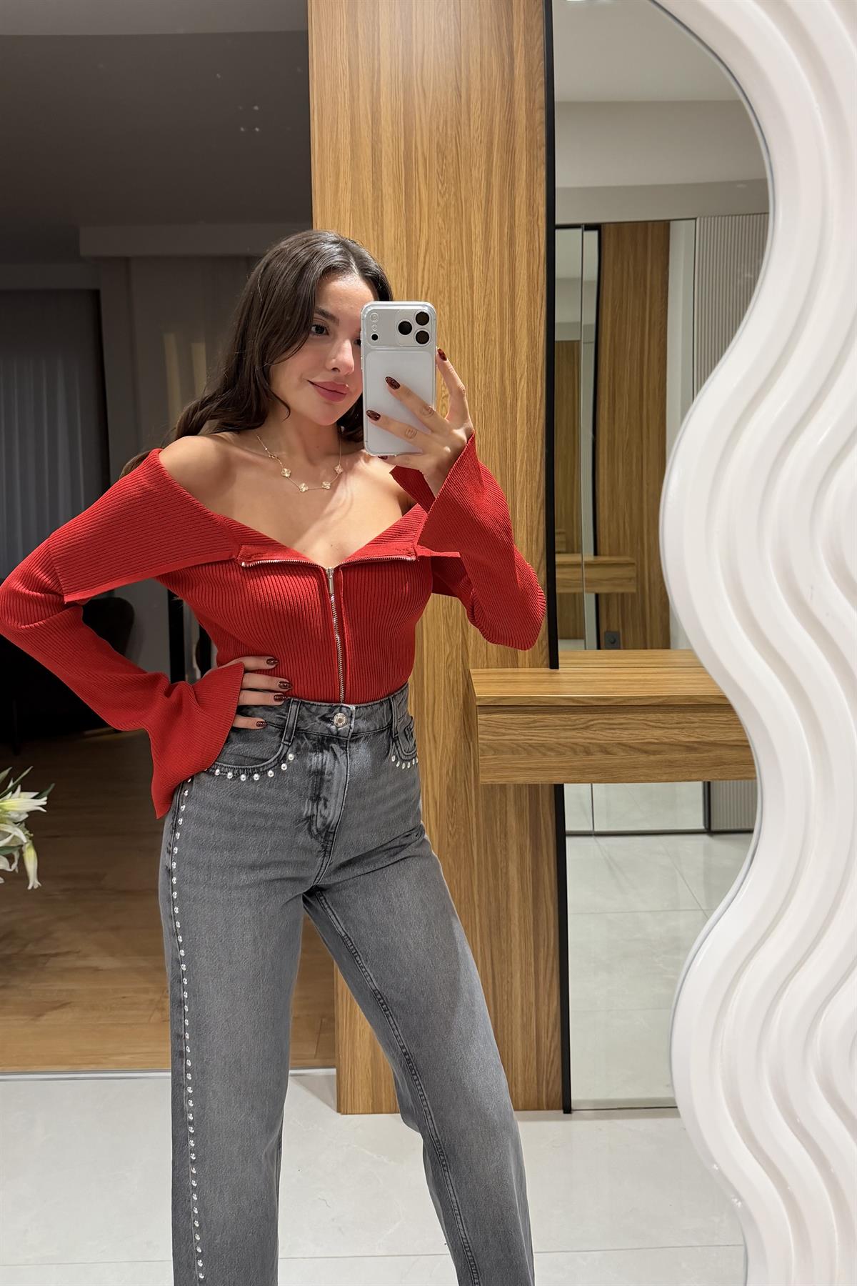 Lucetta Kırmızı Dilvin Fermuarlı Kayık Yaka Triko