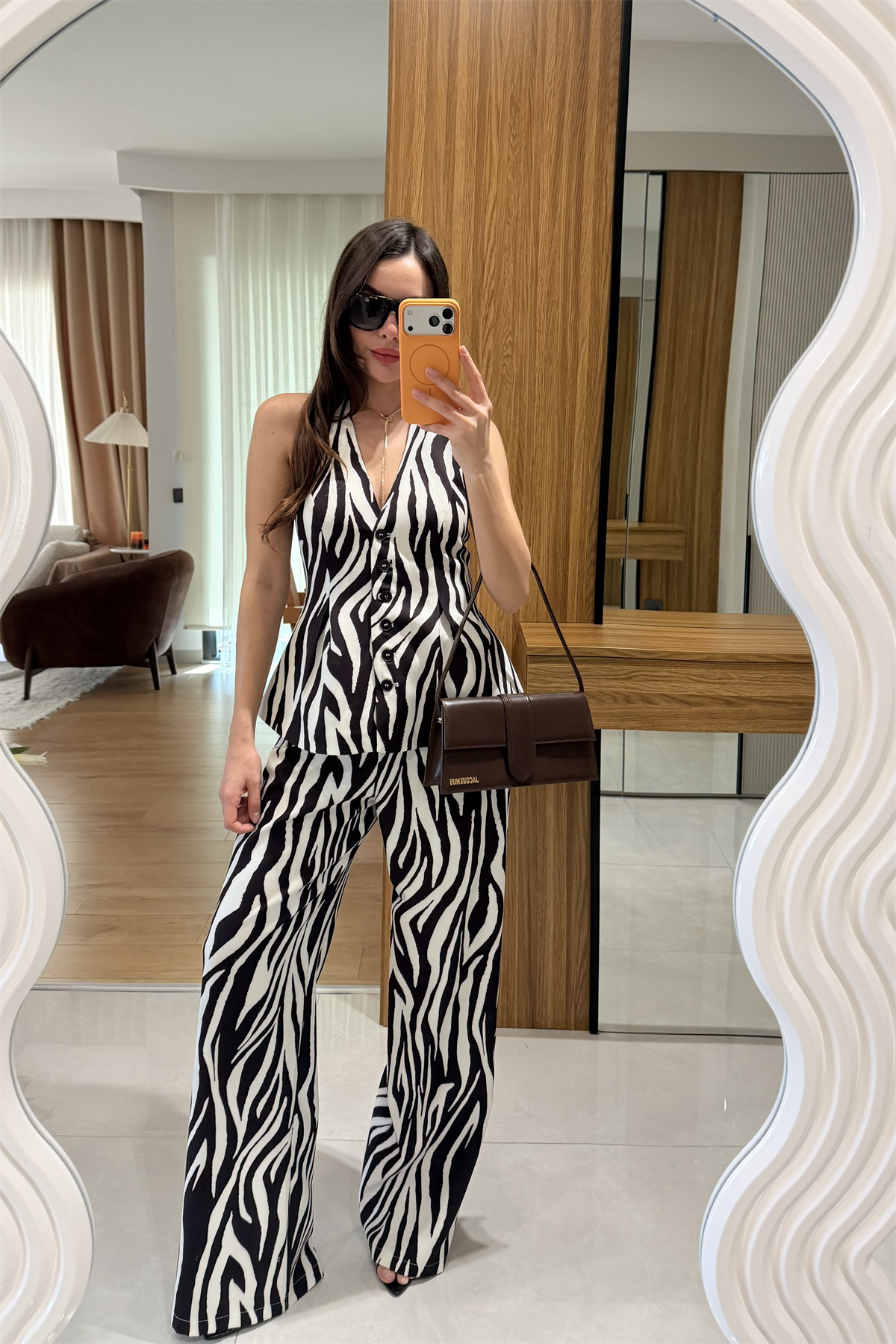 Lucette Kahve Zebra Desenli Palazzo Pantolon