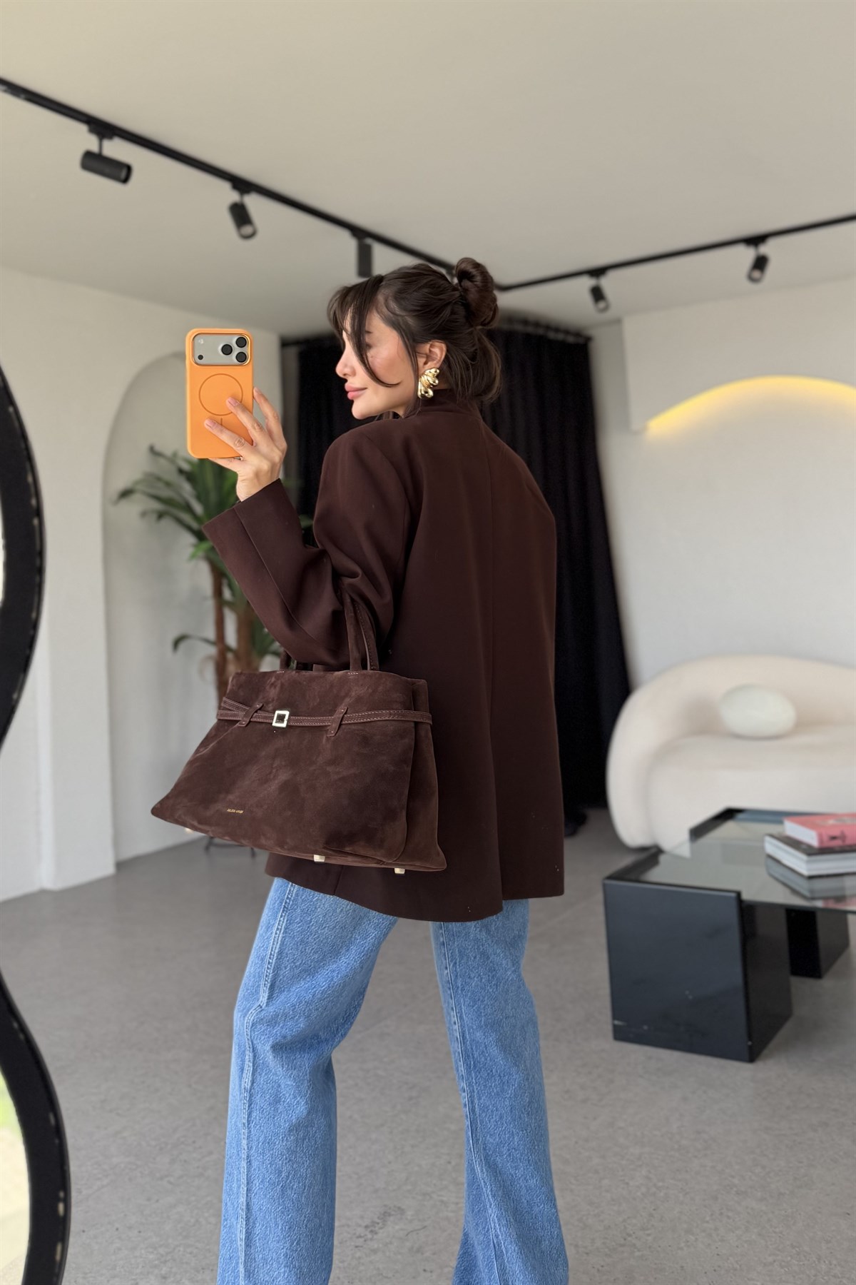 Luciana Kahve Tek Düğmeli Hakim Yaka Blazer Ceket