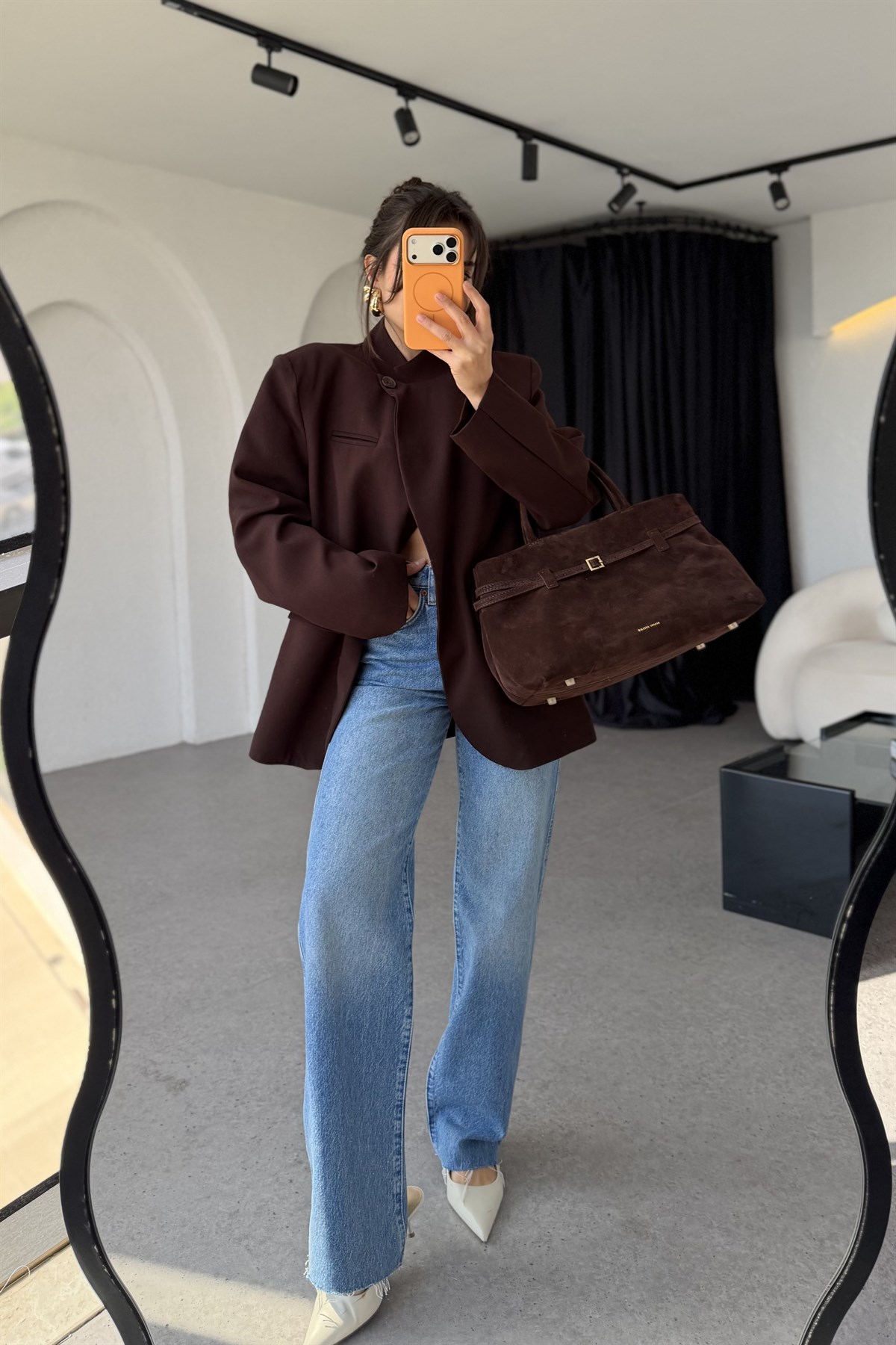 Luciana Kahve Tek Düğmeli Hakim Yaka Blazer Ceket