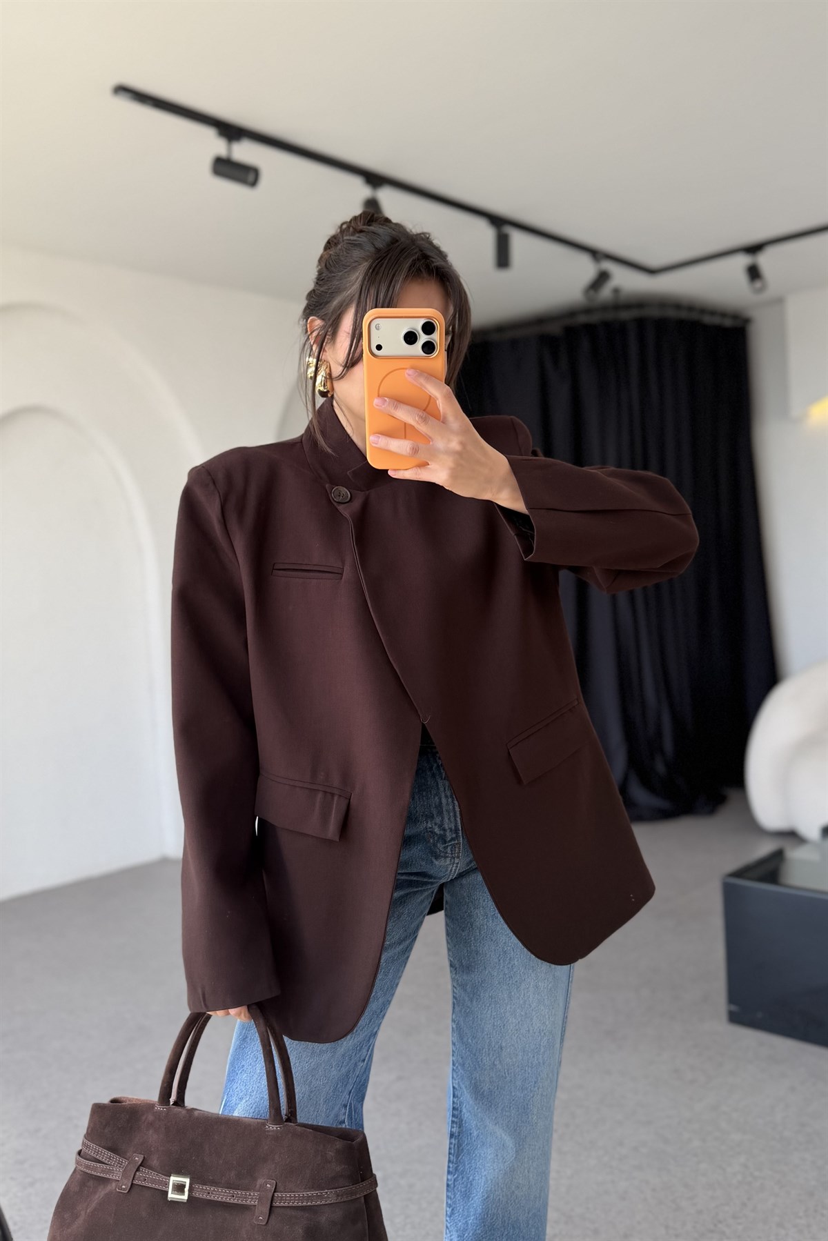 Luciana Kahve Tek Düğmeli Hakim Yaka Blazer Ceket