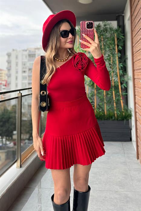 Ludovica Gül Broşlu Tek Kol Bluz - Kırmızı