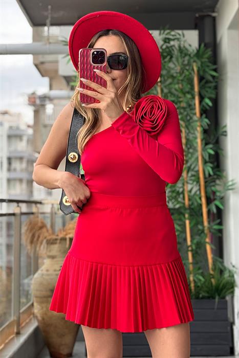Ludovica Gül Broşlu Tek Kol Bluz - Kırmızı
