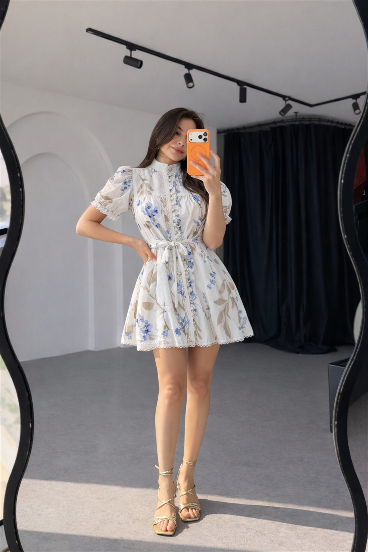 Lufain Mavi Çiçek Desenli Belden Bağlamalı Mini Elbise