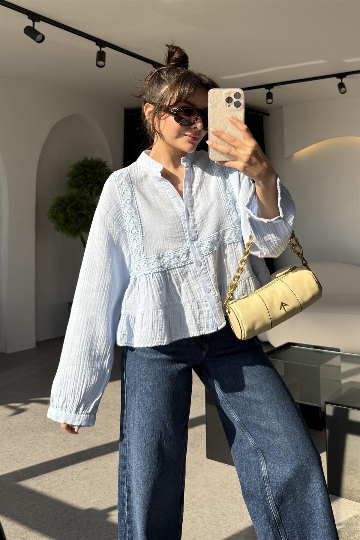 Luke Bebe Mavi Dantel Detay Gömlek