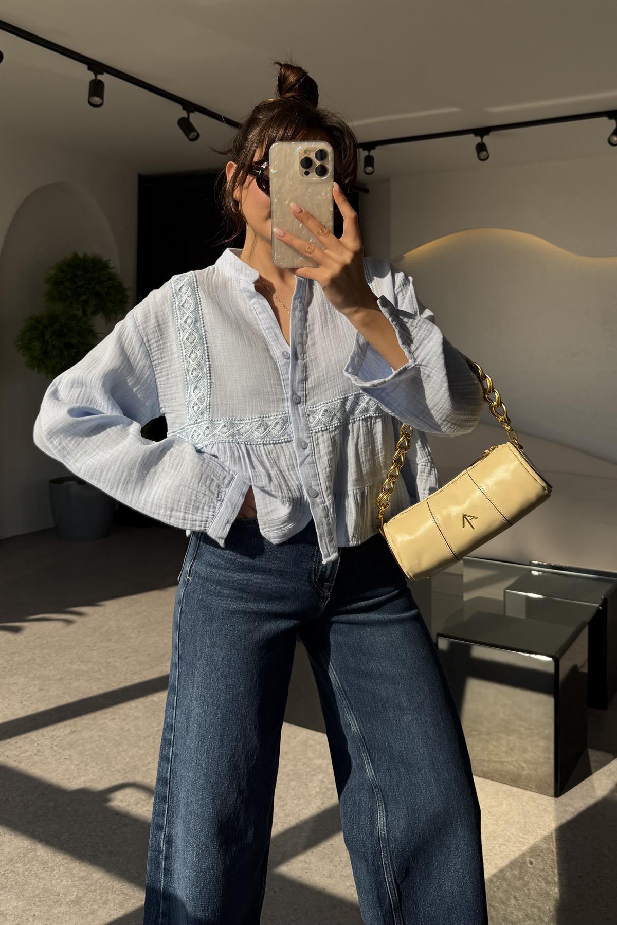 Luke Bebe Mavi Dantel Detay Gömlek