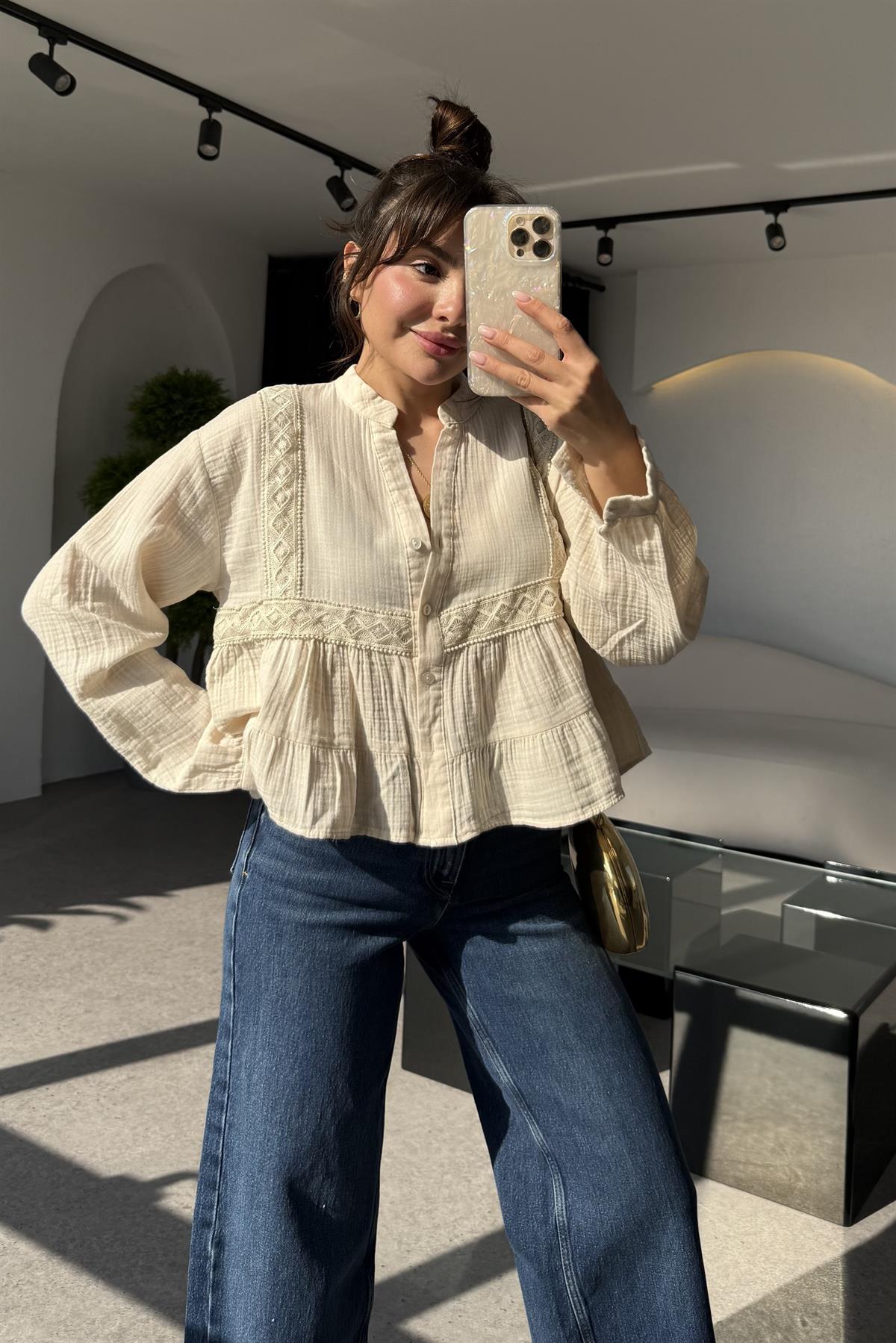 Luke Bej Dantel Detay Gömlek