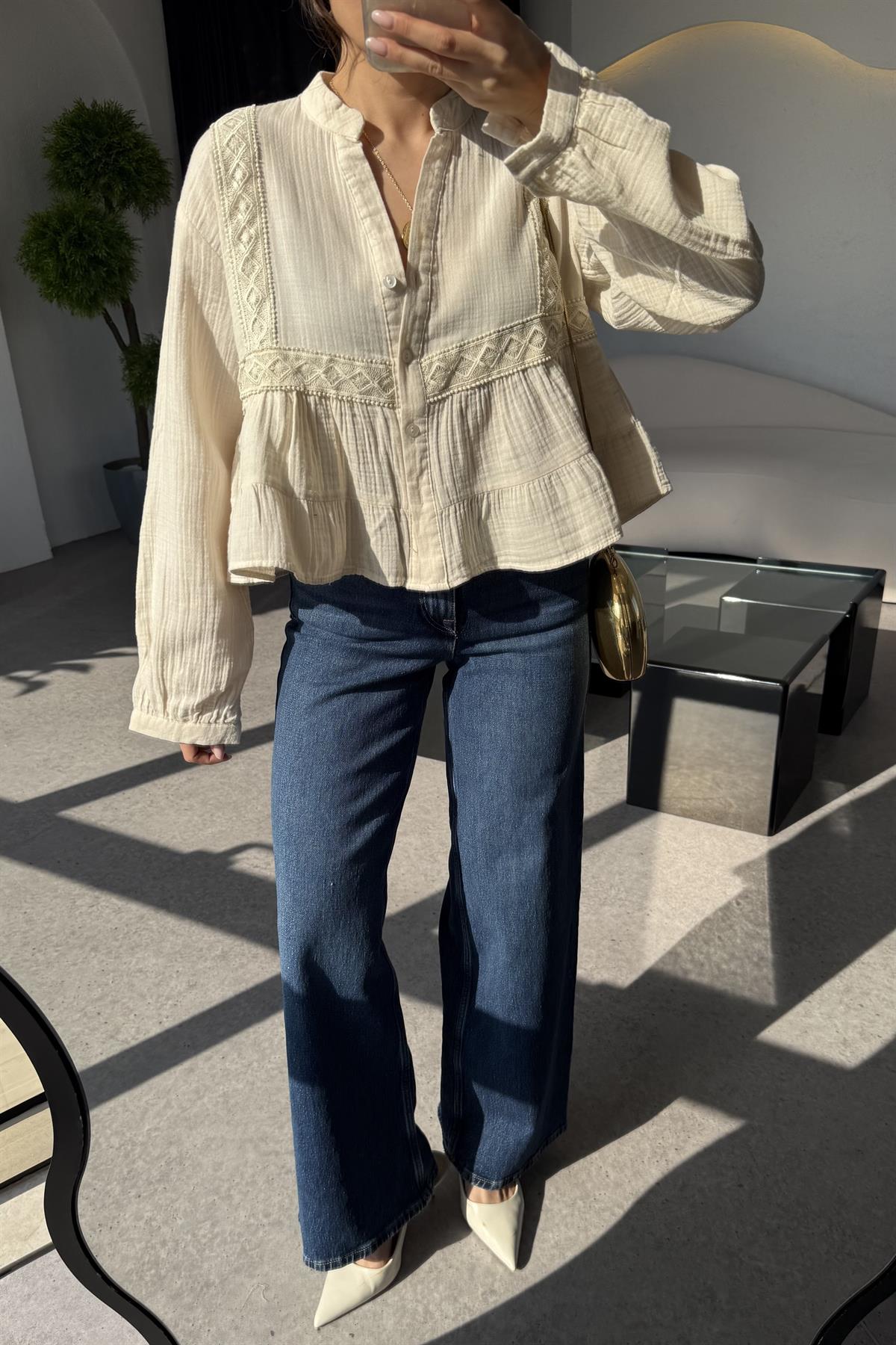 Luke Bej Dantel Detay Gömlek