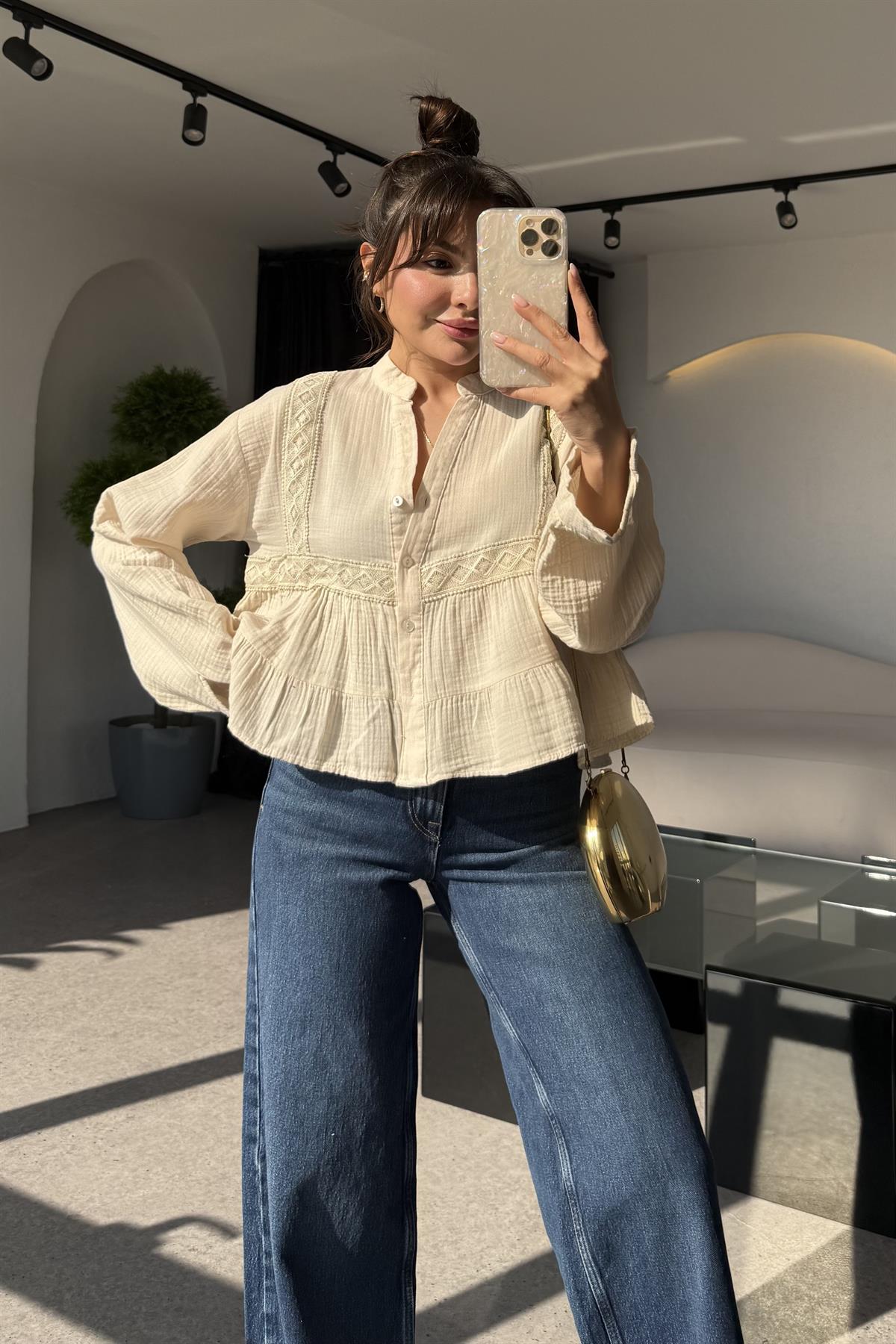 Luke Bej Dantel Detay Gömlek