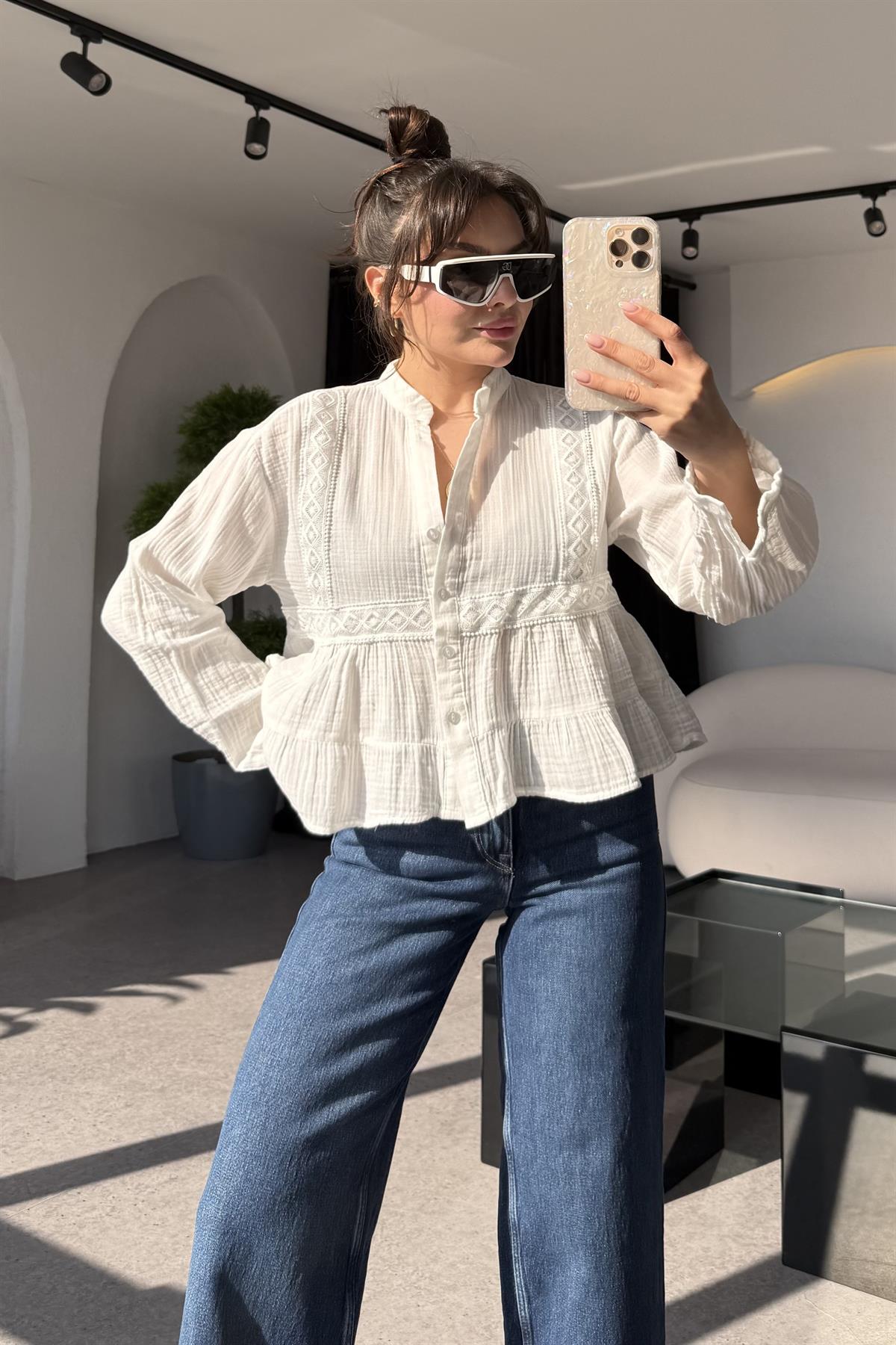 Luke Beyaz Dantel Detay Gömlek