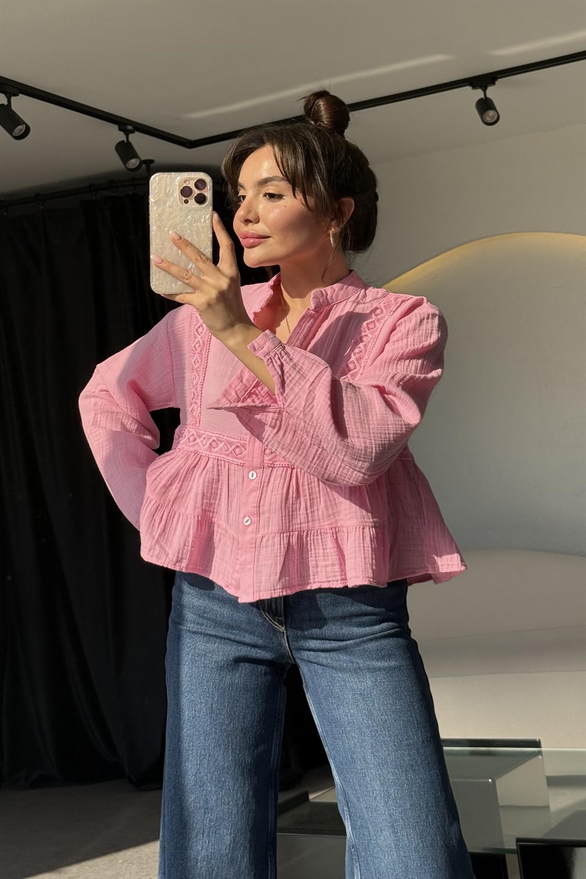 Luke Pembe Dantel Detay Gömlek