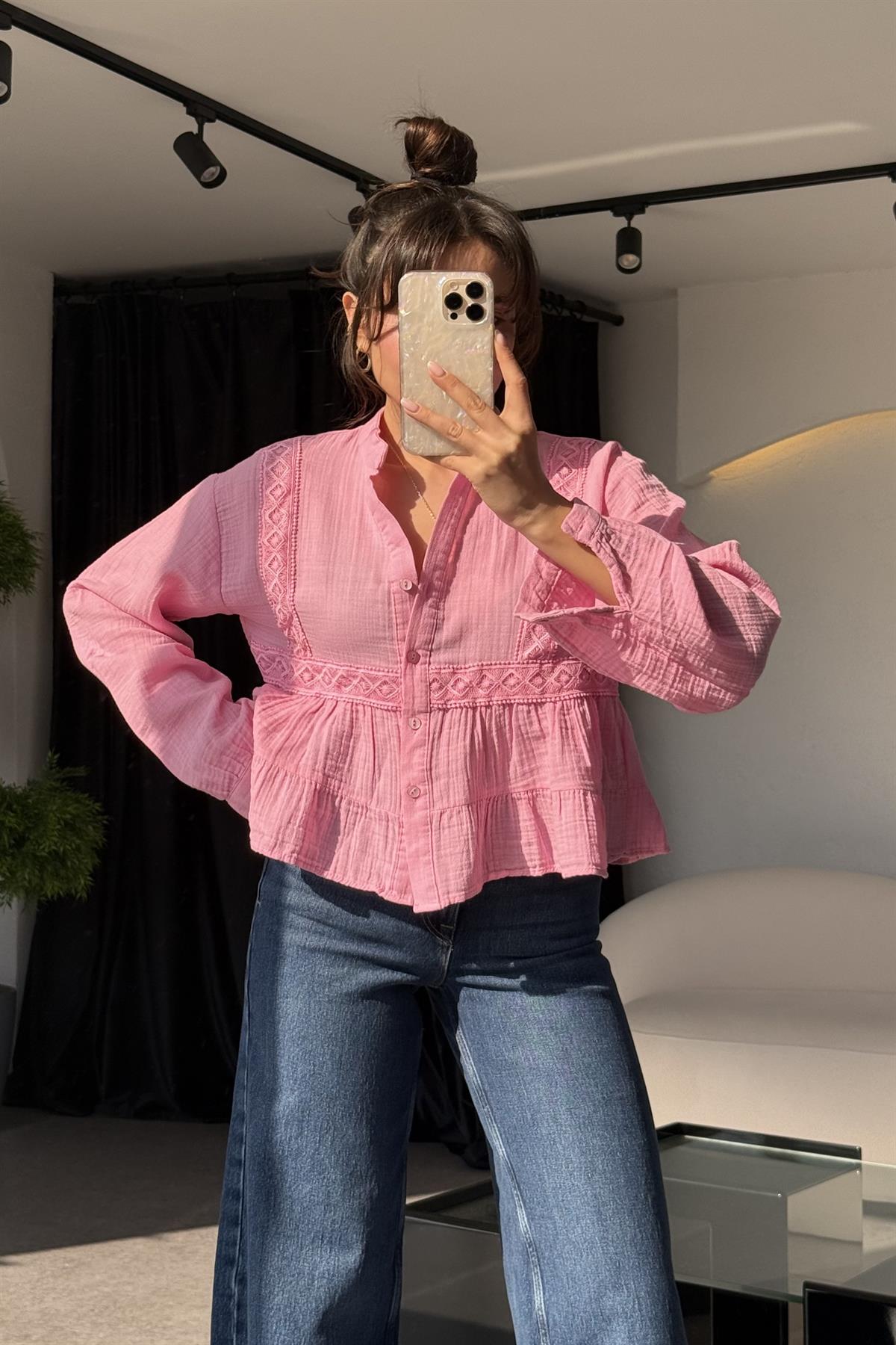 Luke Pembe Dantel Detay Gömlek