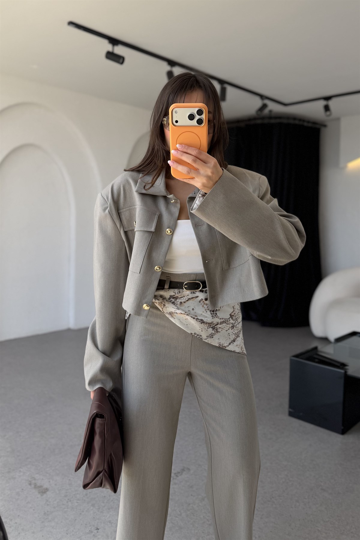 Lumera Gri Kemerli Şallı Pantolon