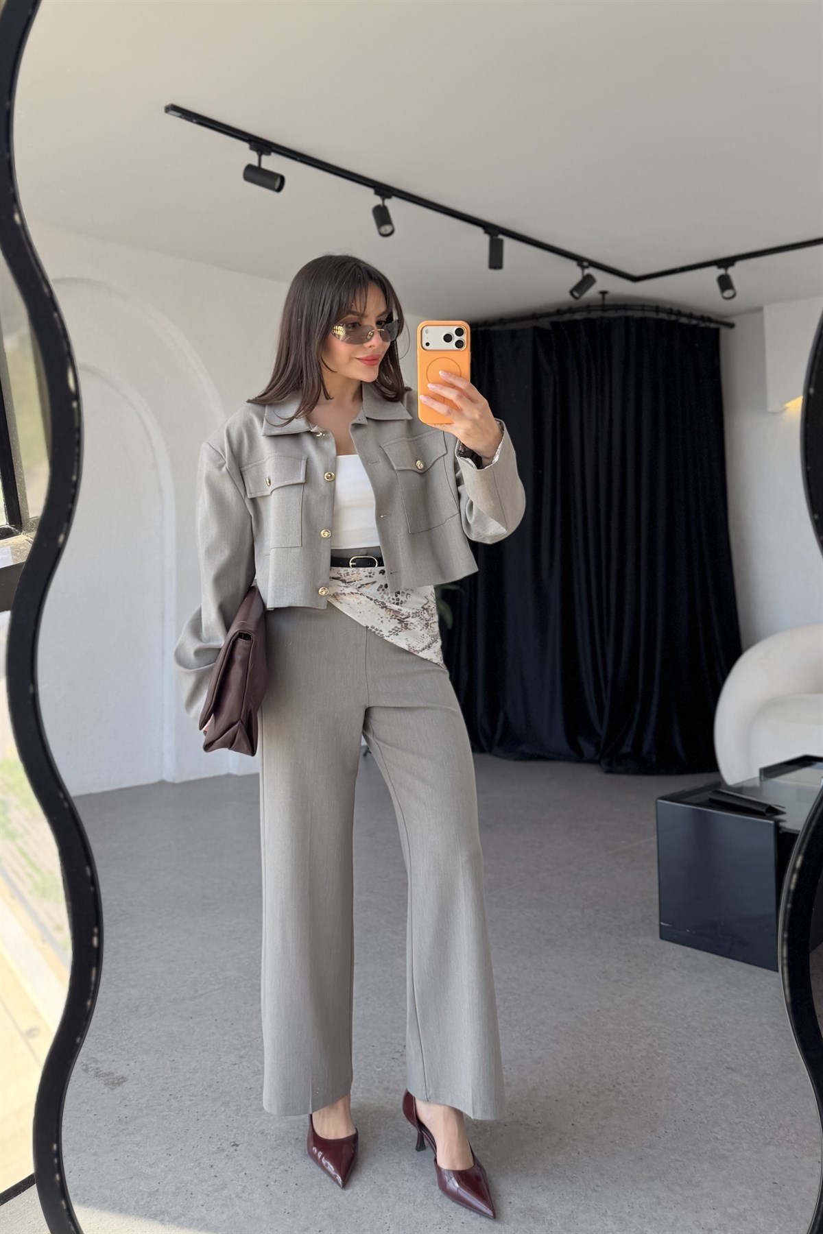 Lumera Gri Kemerli Şallı Pantolon