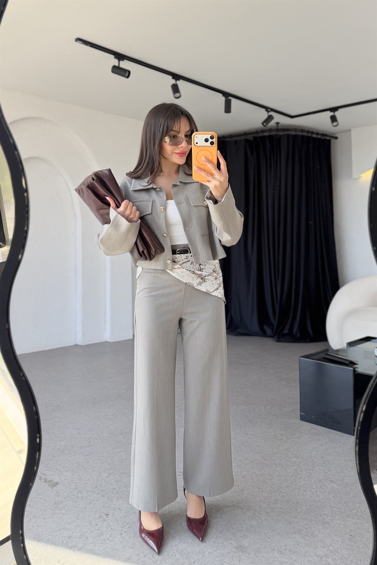 Lumera Gri Kemerli Şallı Pantolon