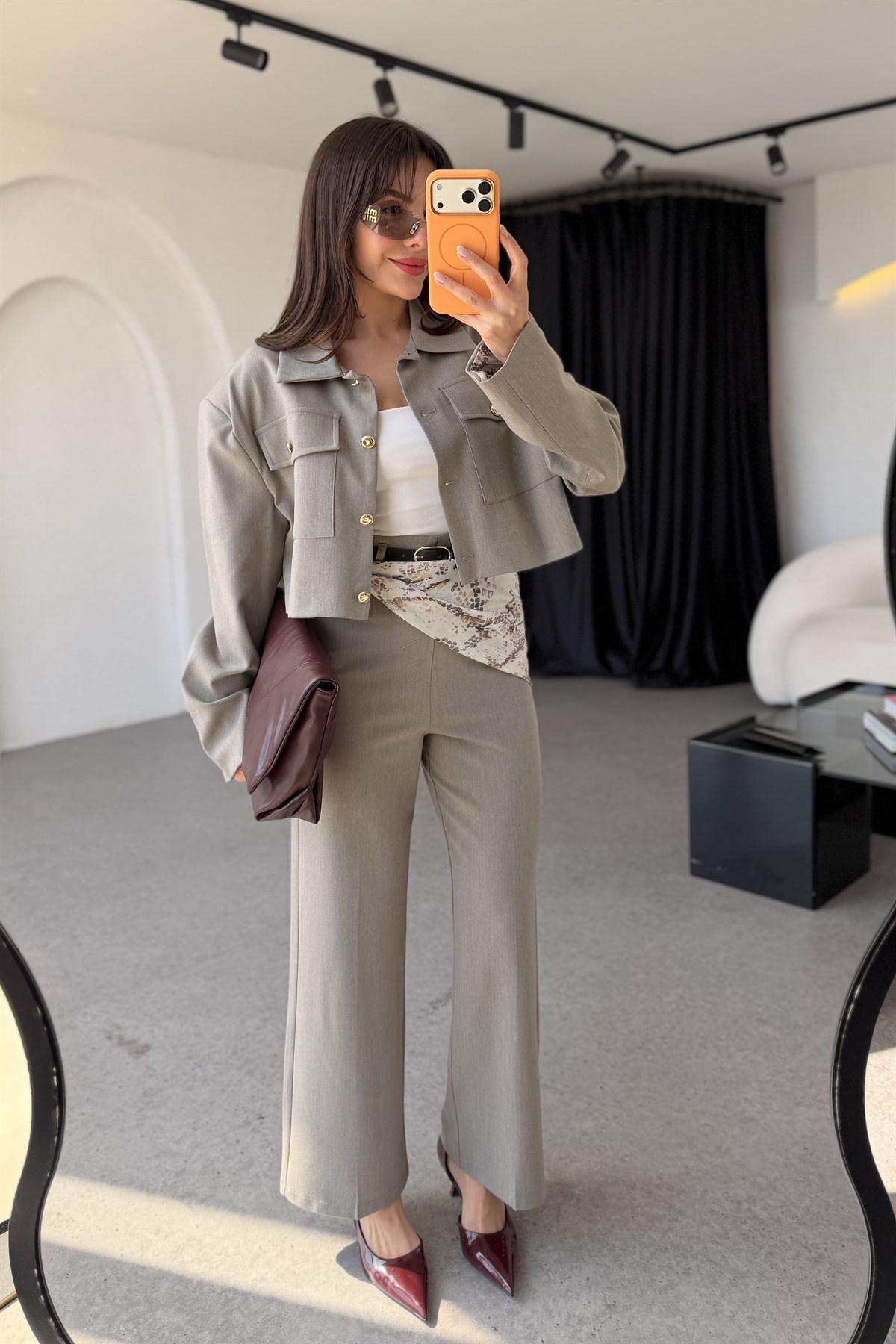 Lumera Gri Kemerli Şallı Pantolon