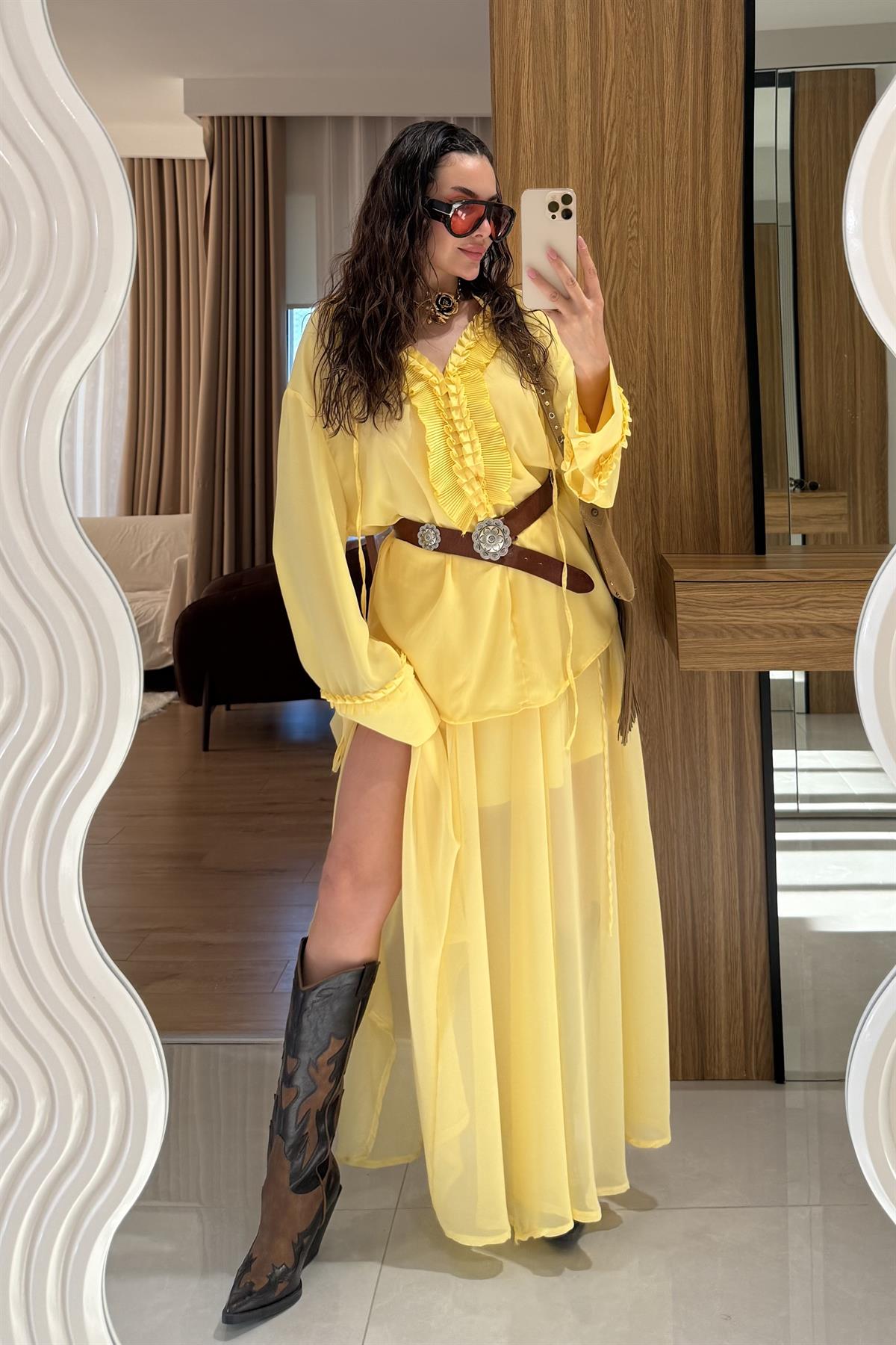 Lumina Sarı Şifon Etekli Takım