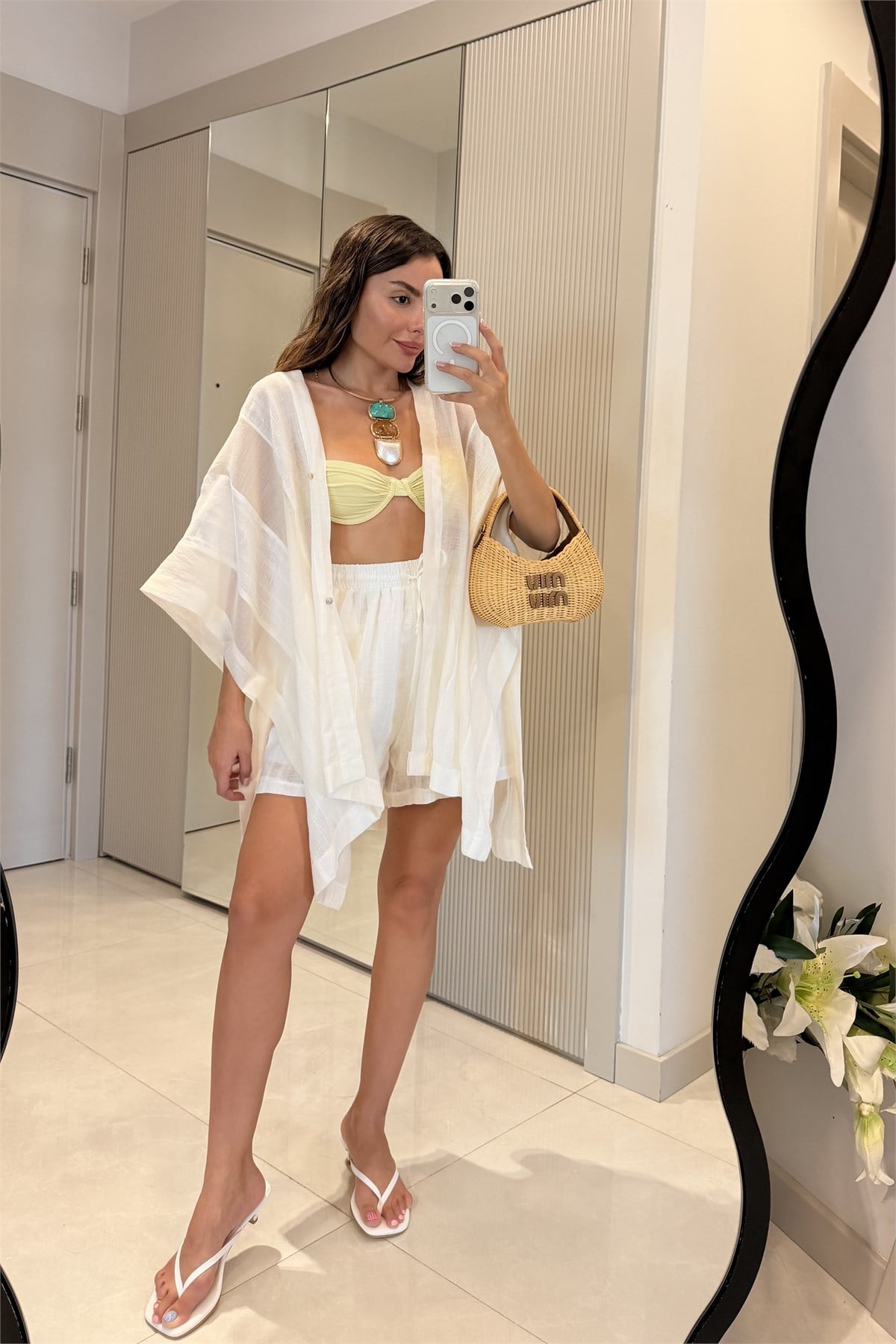 Lunara Beyaz Kimono Şort Takım