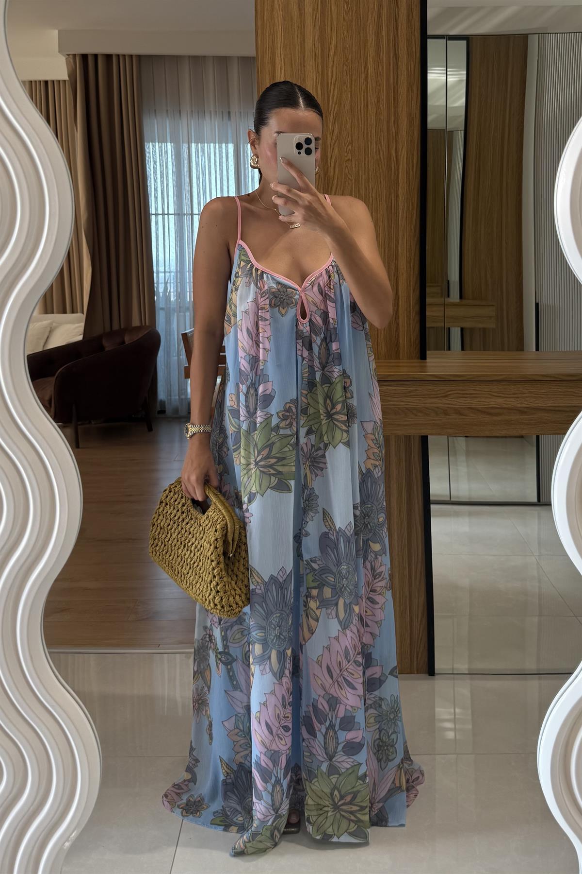 Lunessa Mavi Çiçek Desen Elbise