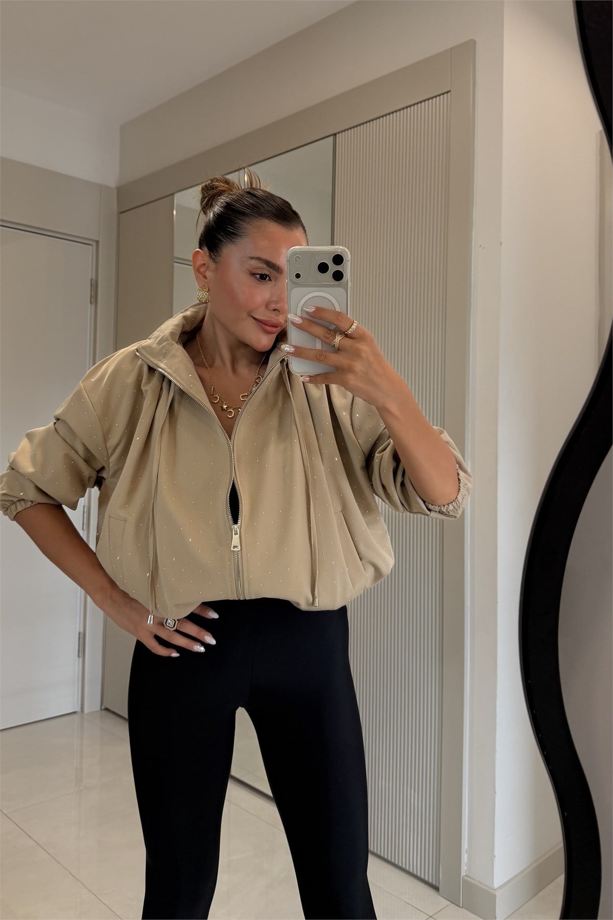 Lurine Camel Taşlı Bomber Ceket