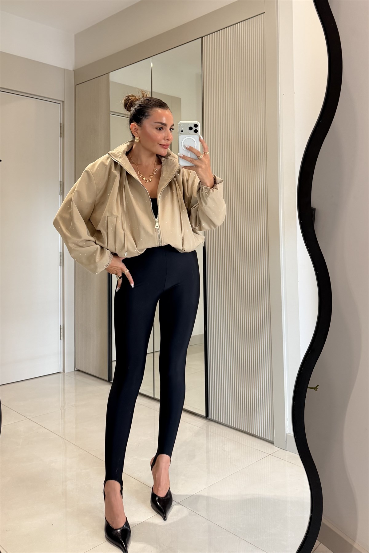 Lurine Camel Taşlı Bomber Ceket