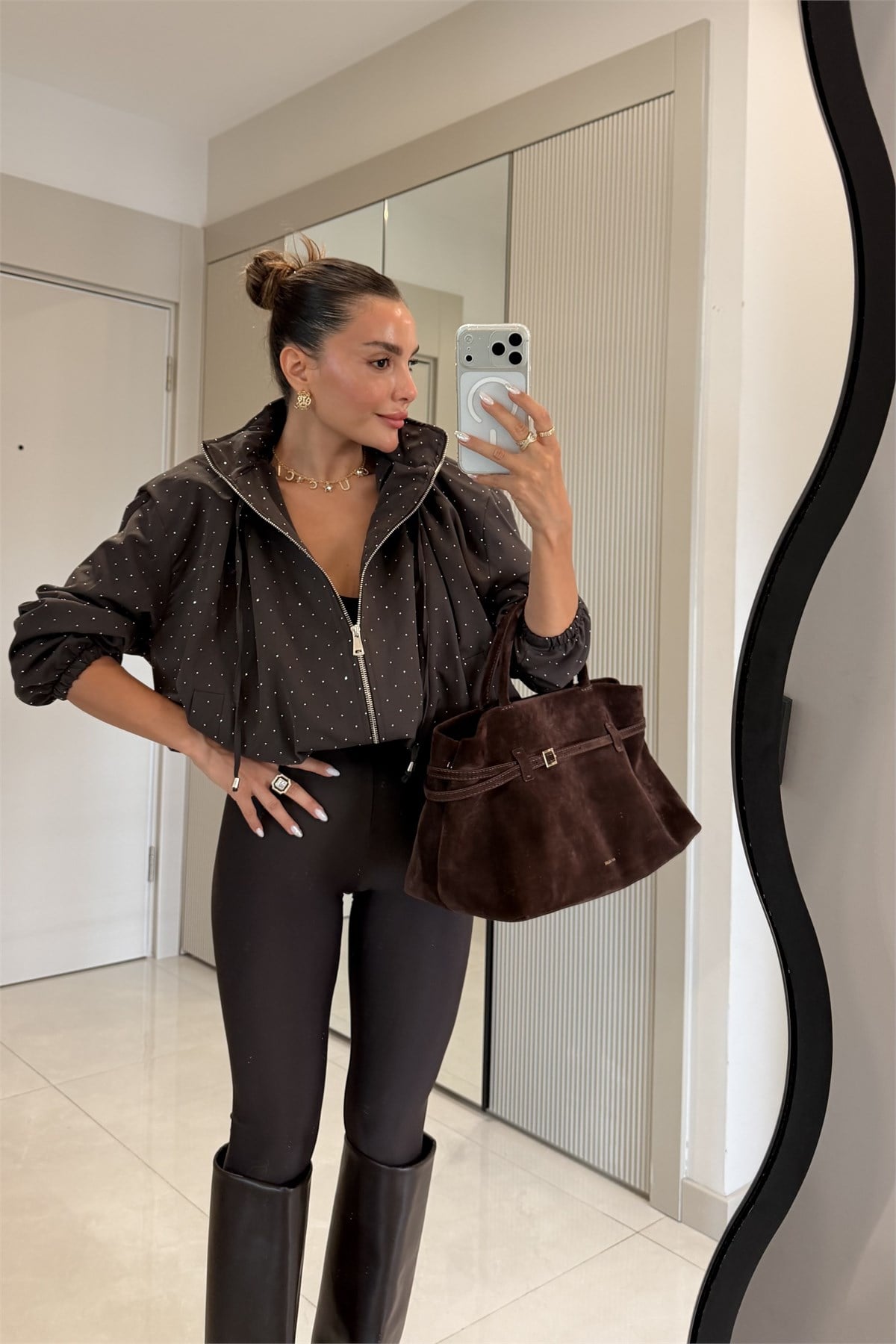 Lurine Kahve Taşlı Bomber Ceket