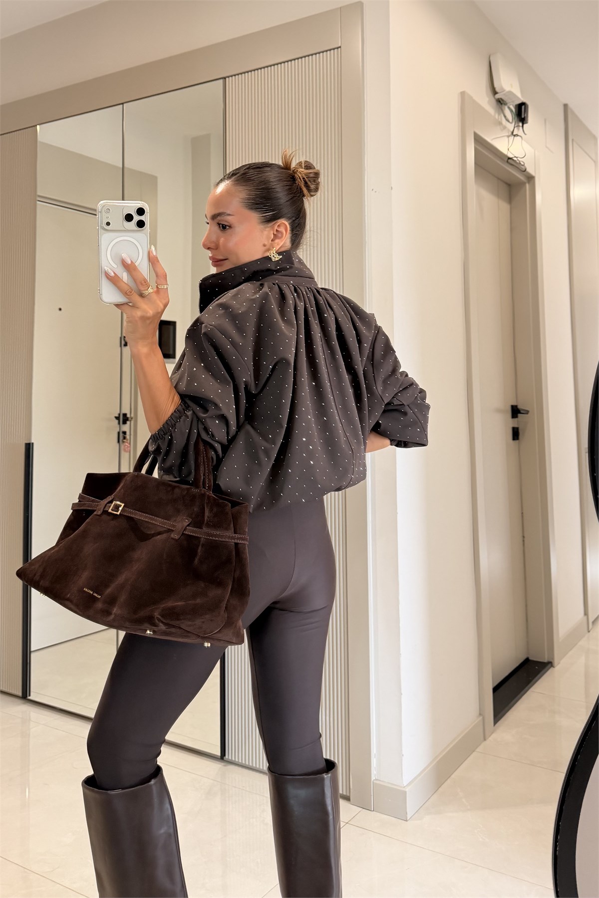 Lurine Kahve Taşlı Bomber Ceket