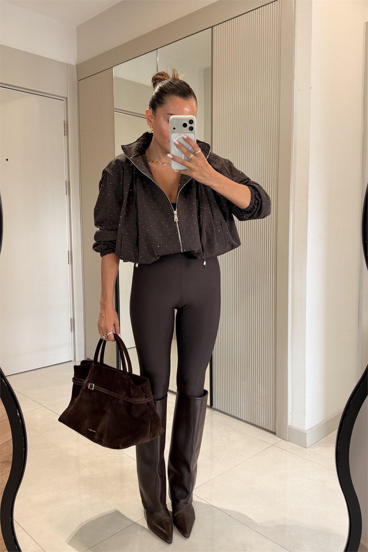 Lurine Kahve Taşlı Bomber Ceket