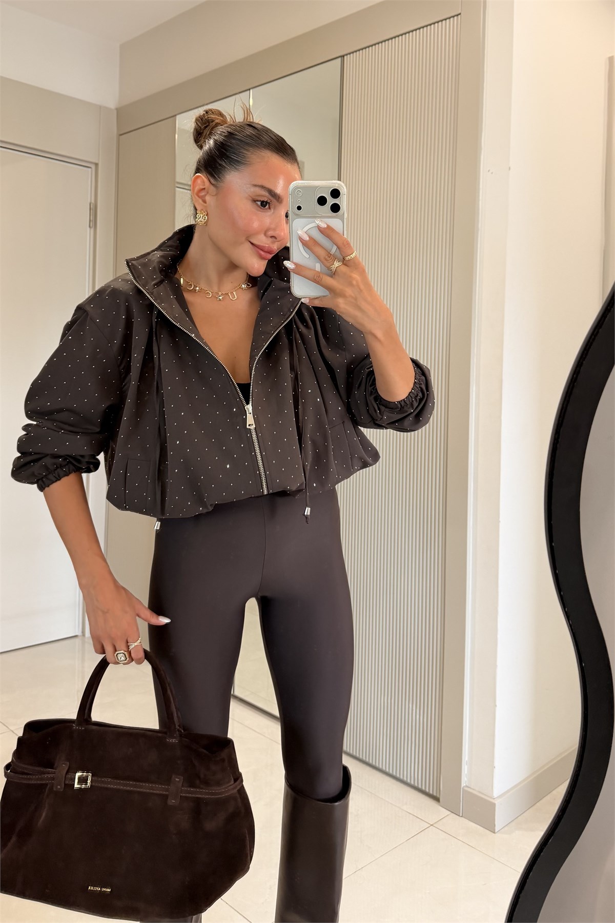 Lurine Kahve Taşlı Bomber Ceket