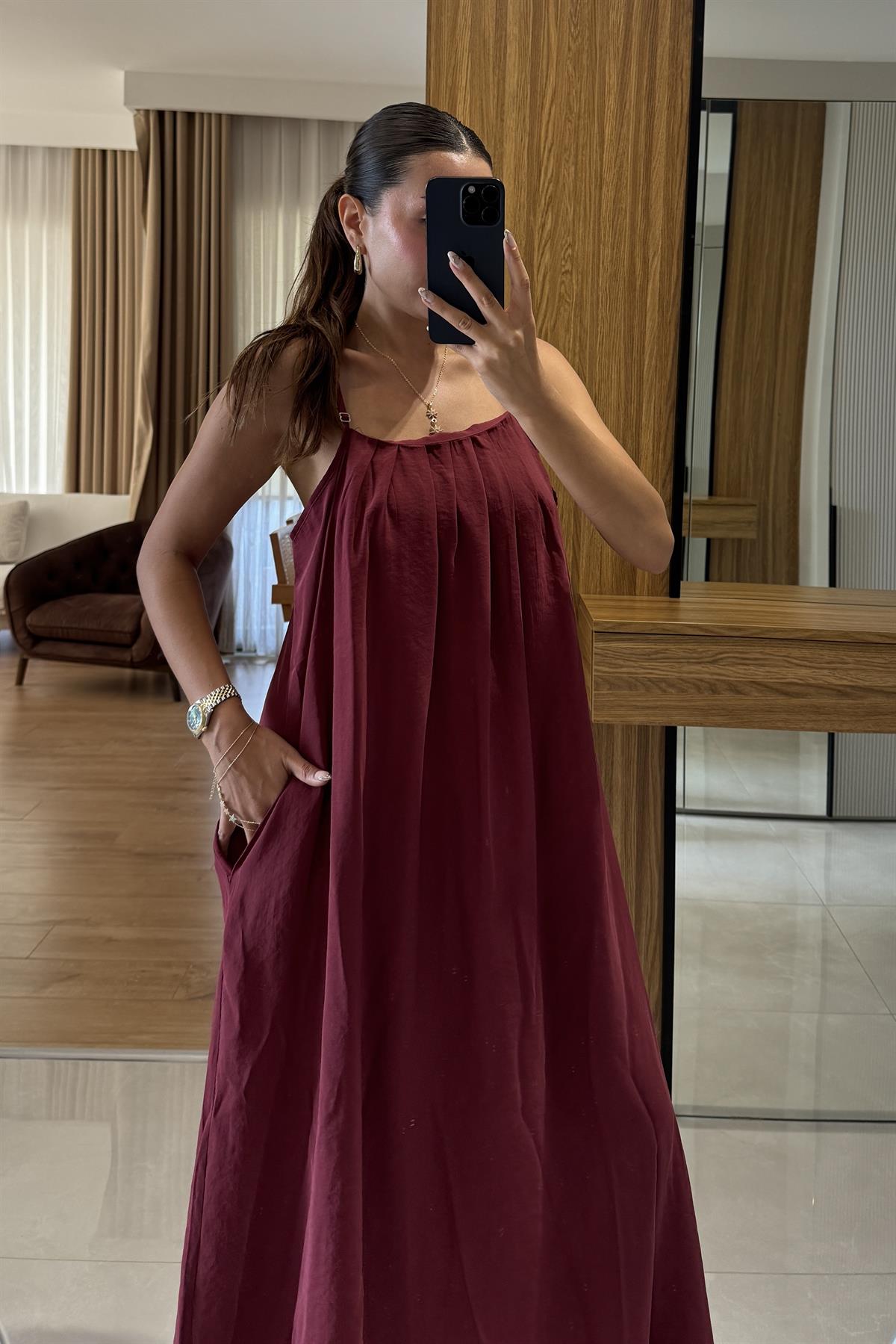 Lusive Bordo Cepli Maxi Elbise 