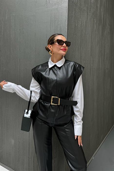 Macy Deri Kemerli Siyah Crop