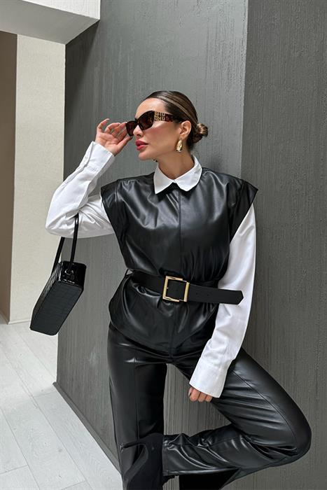 Macy Deri Kemerli Siyah Crop