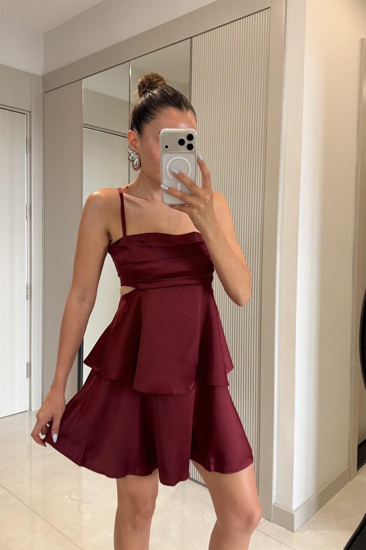 Maddy Bordo Kat Kat Saten Elbise