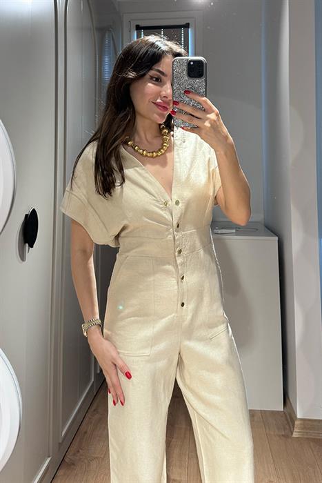 Madilio Düğmeli Keten Tulum - Krem