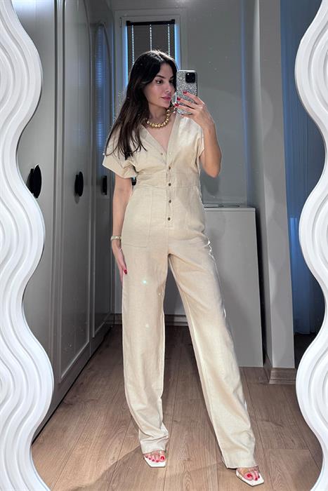 Madilio Düğmeli Keten Tulum - Krem