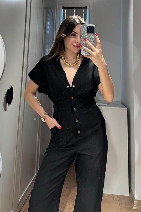 Madilio Düğmeli Keten Tulum - Siyah