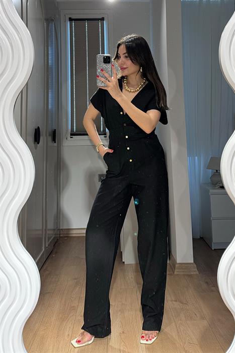 Madilio Düğmeli Keten Tulum - Siyah